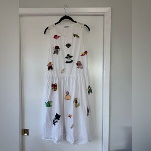 RARE Batsheva White Cotton Dress w/ Whimsical Appliqués